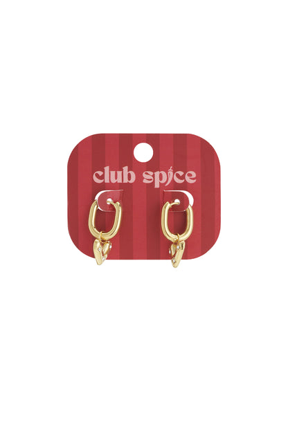 Orecchini a cerchio rettangolari con un cuore pendente decorato con pietre.